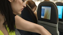 she stands next to close up of wet sweat spot on airplane seat