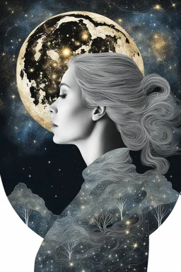 Double exposure of a female person's profile and a utopistic starry night sky, dramatic mood, dark depressive style, highly detailed intricate, surreal, stunning