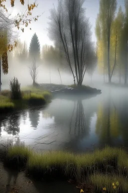 Circle pond, soft fog, with light breaking through, tall white birch trees, and a stone path flanking both sides of the pond going up to a gazebo