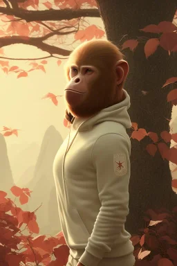 Ape portrait , white jogging suite, at dawn by atey ghailan, golden light , holding leaves and flowers , angels background, volumetric light, high detail, red leaf tree, mountains in background, perfect