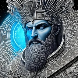 photo realistic, symetrical, centered, ultra detailed, digital art, in center is a portrait of highly detailed greek colossus god zeus wearing futuristic high tech rave glasses surrounded by galaxy codes seeking knowledge, gray beard, crown filled with crystals, detailed face with human skin color, eyes filled with galaxy, dominating colors = gray light blue and dark gold, lightning, smoke,