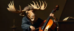 master oil painting by Rembrandt, mozart moose with a wig, playing big big cello piano