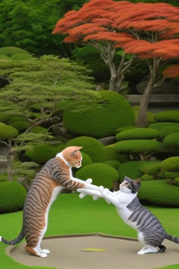 martial artist cats fighting in a Japanese garden