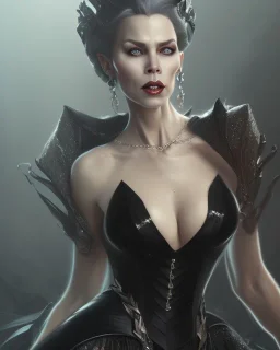 old evil queen in black leather gown, femme fatale, volouptous, busty, cleavage, angry, emperious, 8k resolution concept art portrait by Greg Rutkowski,