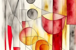 Abstract watercolour in the style of Paul Klee and Barbara Hepworth in red,grey and gold on watercolour background