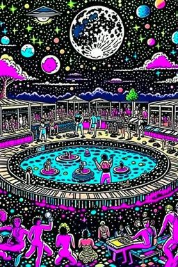 techno rave party in 80's with dj and swimming pool on the moon full