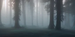 Deep forest with tall trees, misty, light rays, day time, bushes