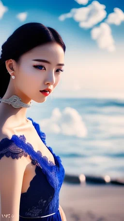 very nice real face beautiful Woman with make up at the beach standing pose in a short lace dark blue and silver dress, full body, 3D coudy sky volumetric nice clouds 8k sharp focus