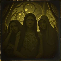 Daguerrotype close up some mysterious figures, odd background, Hieronymus Bosch Max Ernst ambient light, by Minicavio Quollati and Marlost Endgulp, Amano, Botticelli, Alphonse Mucha