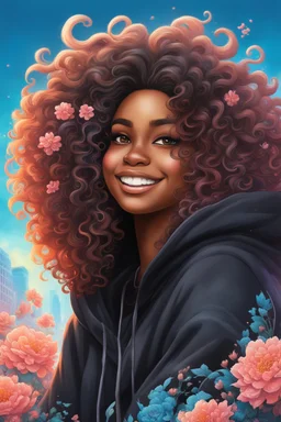 vibrant psychedelic urban culture image, airbrush, 48k, cartoon art image of a black curvy female looking to the side smiling with a large mane of curly ombre hair flowing through the wind while she has a black hoodie on, prominent makeup with hazel eyes, highly detailed hair, background peach and light blue flowers surrounding her, dystopian