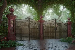 open iron gates made of colorful stained glass, covered in vines, trees, very large entry leading to a lush garden, see lot details in the garden, photo realistic 4k, nature, beautiful hand laid checkered pattern stone walkway path, trending on artstation, sharp focus, studio photo, intricate details, highly detailed, by greg rutkowski