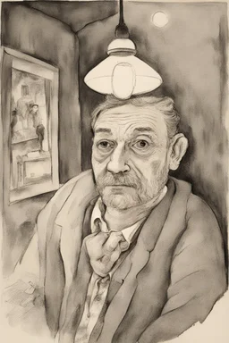 man with a turned-on spotlight for a head; ink wash; Hundertwasser; Cezanne; Gauguin.