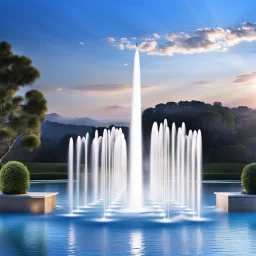 Create a scene where 16 fountains in a small sea shoot water jets in the shape of a love symbol, creating beautiful splashes in the water.