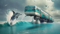 A train to cross the ocean where dolphins are jumping.