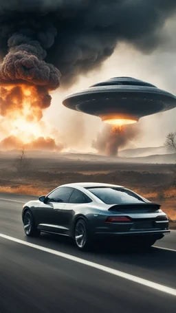 The image shows a photograph with a science fiction theme. Reflected in a side-view mirror, we see a car with passengers, driving on a desolate road. In the background, a large UFO hovers in the sky while multiple explosions erupt in the distance, sending up clouds of smoke and fire. The mirror's border frames this chaotic scene, juxtaposing a calm, seemingly oblivious drive with the dramatic events unfolding behind.