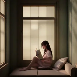 Study girl read a book in by the window, movie, real photo realistic, unreal engine, cinematic lighting --ar 1:1 creative