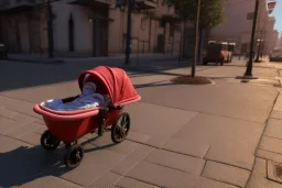 Looking downward into a baby carriage on a sidewalk. There is a baby that looks like a young Donald Trump