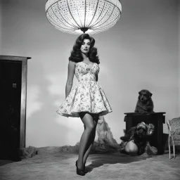 [high res photo by Russ Meyer] the bottom of her dress is a Lampshade, light from inside, view from below [spanish fiesta]