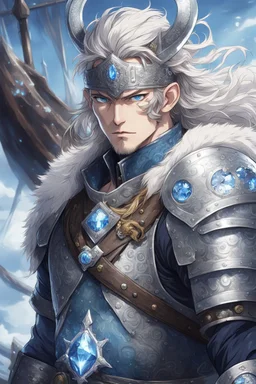 1man warrior in anime style, with blue eyes wearing silver Vikings armor with a blue crystal on his chest with a battle axe on the pirate ship, anime, anime style