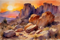 Sunset, rocks, mountains, rocky land, epic, john singer sargent watercolor paintings