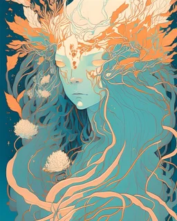 beautiful cute front portrait of an elvish deity, long hair in motion, herbs and blue pastel colors, flowers orange by victo ngai, kilian eng, dynamic lighting, digital art, art by james jean, takato yamamoto, inkpunk minimalism, floating medusa background