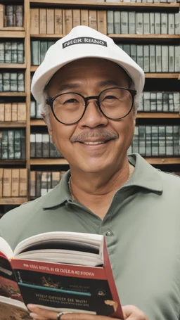 A man wearing a white Dad Hat, glasses, and reading