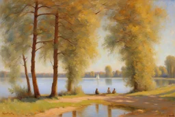 sunny day, lake, trees, friedrich eckenfelder and hans am ende impressionism paintings