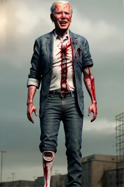 realistic image, joe biden zombie, arm cut and bleeding, amputated leg, night, walking with a limp, waist up view, dark ambient, highly detailed, sky background, concept art, unreal engine 5, god rays, ray tracing, RTX, lumen lighting, ultra detail, volumetric lighting, 3d, finely drawn, high definition, high resolution.