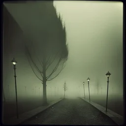 Dark street creepy fog colours strong texture artistic daguerrotype volumetric light tree nightmare Yves Tanguy