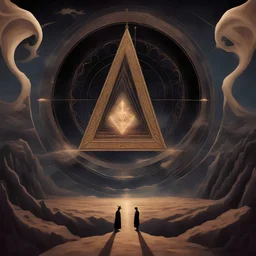 A surreal digital painting for the album "Planes Aligned" depicting an occult magician standing amidst mystical dimensions swirling with energy as lost worlds converge before towering pyramids, with the band The Fold Path's triangular logo stretched across the aligning planes.