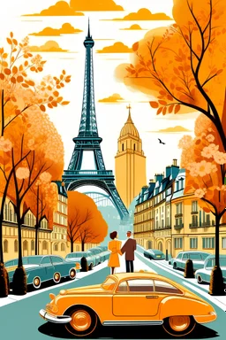 generate Paris skyline florist women arrose flowers street with a man and son car color Peach and mustard iffel tower