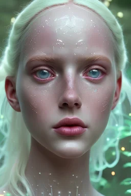 Hyperrealism cinematic film still, 8K, highly detailed and realistic. In an enchanting, pink-toned magical garden, a breathtakingly beautiful albino woman with striking blue eyes and delicate freckles on her face stands surrounded by ethereal blooms. The air shimmers with glitter and gossamer threads, while soft fairy lights cast a gentle glow. The scene is surreal and captivating, with an otherworldly ambiance that feels both magical and dreamlike.