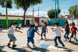 niños y niñas españoles jugando en el patio de un colegio