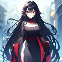 Clear focus, high resolution, black long fluffy hair, red eyes, wearing a poor outfit