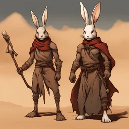 harengon-desert rabbit humanoid,rugged desert artificer-rune carver, eyepatch-bandage, staff with bone end, red-brown cloak, black skin, thematic tone wash, characteristic comic style