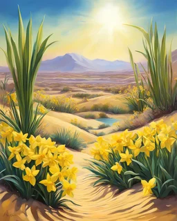 Title: "Daffodil Oasis" Prompt: Illustrate a lush oasis in the desert, where daffodils bloom amidst the sand dunes, their vibrant colors standing out against the barren landscape