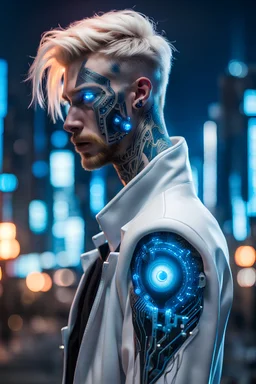 Man with Blonde Hair, small face tattoo, glowing blue cybernetic eye, black right cybernetic arm, white open coat, night, city background, high detail, 4k, small cables protruding from the back