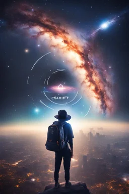 Supernova overlooking a city in the Milky Way galaxy with a person wearing a hat and a backpack with the Shift logo on it