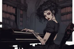 scarred cyberpunk vampire girl with tribal tattoos short curly cyberpunk hair playing a grand piano in the library of a decaying gothic mansion in candlelight at midnight