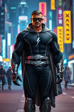 A giant, muscular man with extra-short, crew cut, black hair, blue eyes, short, trimmed goatee, standing stoically on the street in the neon lit, futuristic City of Xanadu prime, wearing a long-sleeved, highly textured, black body suit with gray piping that forms to his muscular frame, he has a silver lightning belt, silver wrist gauntlets, silver, knee-high boots, gray cape, he has the symbol of Xanadu Prime on his chest, and a thin black leather bandit eye mask