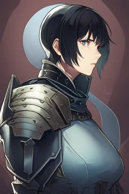 Motoko Kusanagi from "Ghost In The Shell (1995)", clad in medieval stell plate armour, melancholic, alone, big blue eyes, perfect, beautiful, black hair