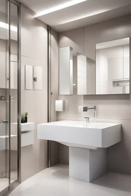 "a sleek and minimalist bathroom design, showcasing a wall-mounted automatic soap dispenser and a stylish contemporary wash basin cabin, inspired by the clean lines of modern architecture, captured with a high-resolution camera, emphasizing the sharp edges and smooth surfaces, minimalist color palette with hints of chrome accents, architectural photography, wide-angle lens to capture the full space, interior design"