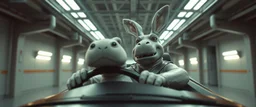car driving happy 2d fluffy alien hippo bunny ogre man in the style of Escher and Giger and Fallout 4, pinhole cam, airbrush 3d rendering, on tv screen:A five-second cinematic single take in a clean industrial presentation hall.