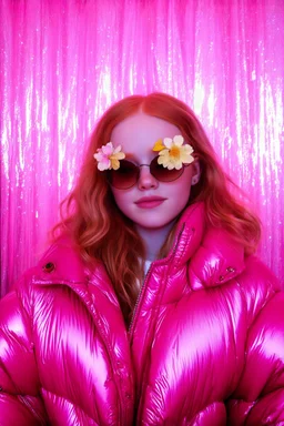 Autochrome of sadie sink, she has sunglasses made of flowers, her eyelashes are in plastic, very long, she is wearing a shiny pink puffer coat, ,the light is pink, à pink curtain in the background with glitter