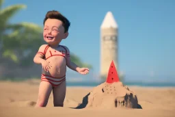 Elon musk as a young blonde toddler building a Very tall rocket-shaped sandcastle on the beach. He is wearing a polkadot swimsuit