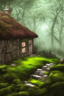 a small, moss covered, stone cottage in a clearing in the woods elegant pencil sketch digital painting extremely detailed very attractive dynamic lighting award winning fantastic view crisp quality