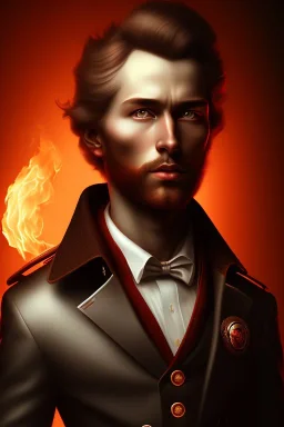 young gentleman , Fire theme art, Dark moody night atmosphere, Michelangelo, 8K, anatomically perfect face, ignore NSFW, dark red,london street