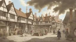 A Paved Courtyard, With Tudor Gothic Houses, Tall Chimneys, Crooked Roofs, a small stream, People, Shops,