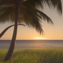 Coconut trees swaying in the breeze near the ocean at sunset