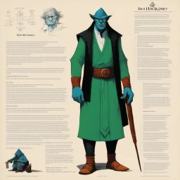 monster concept sheet with AD&D statistics and characteristics [art by David Hockney] Gangster-turned-Monk